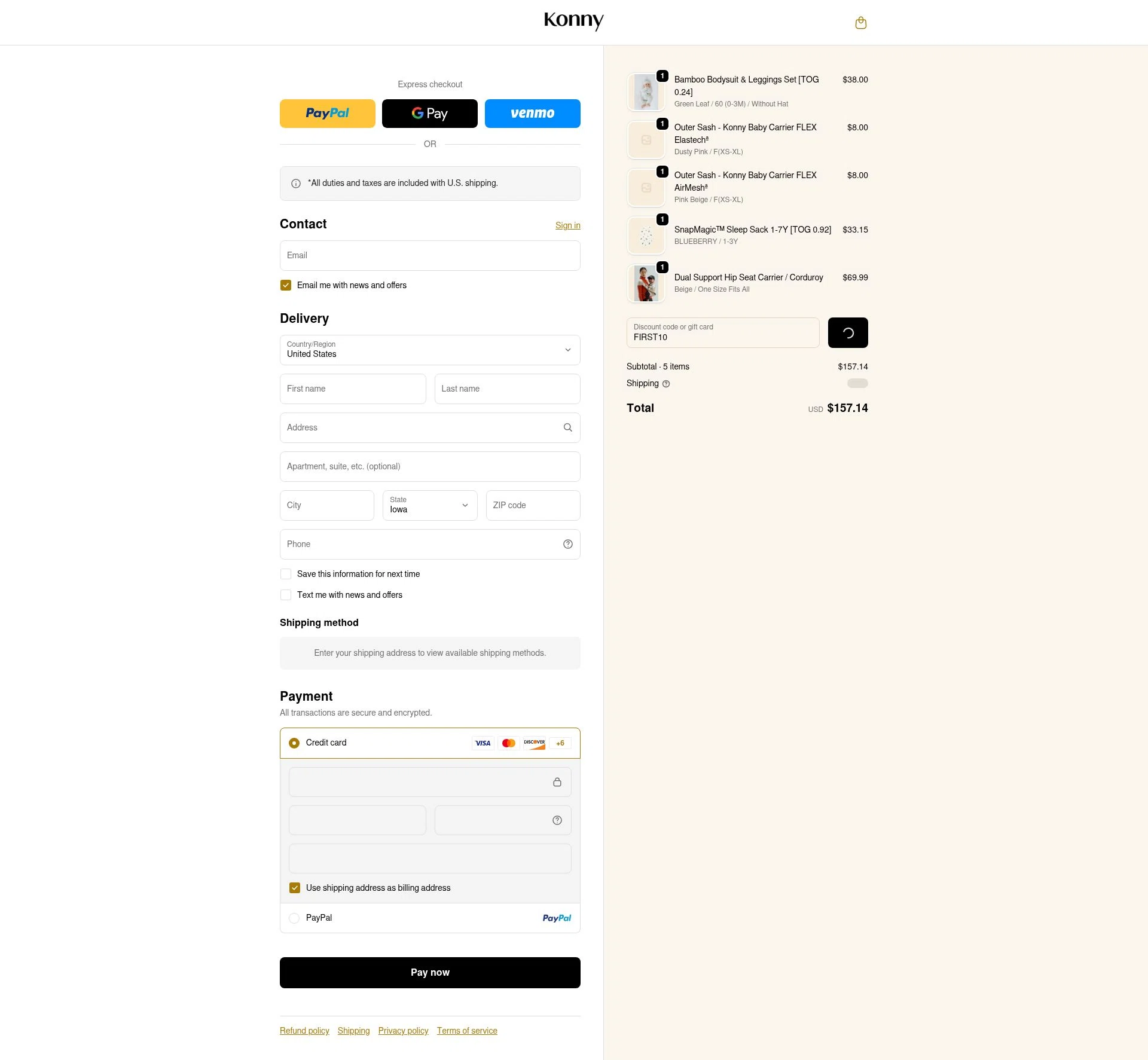 Konny Baby checkout page showing Konny Baby discount code box | Screenshot taken by SimplyCodes community member on Jan 25, 2026