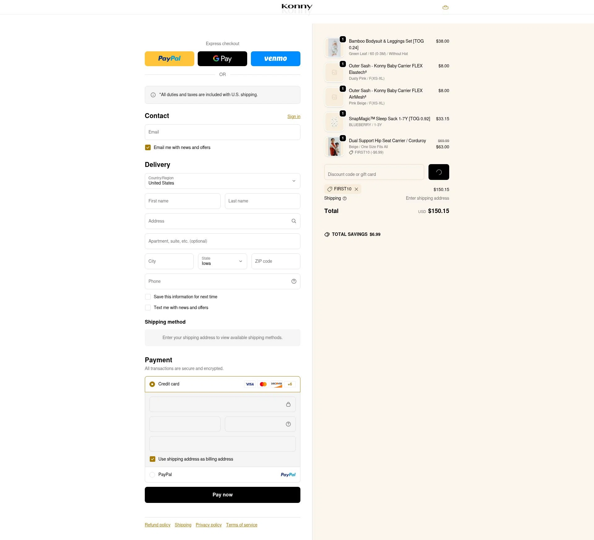 Konny Baby checkout page showing Konny Baby discount code box | Screenshot taken by SimplyCodes community member on Jan 20, 2026