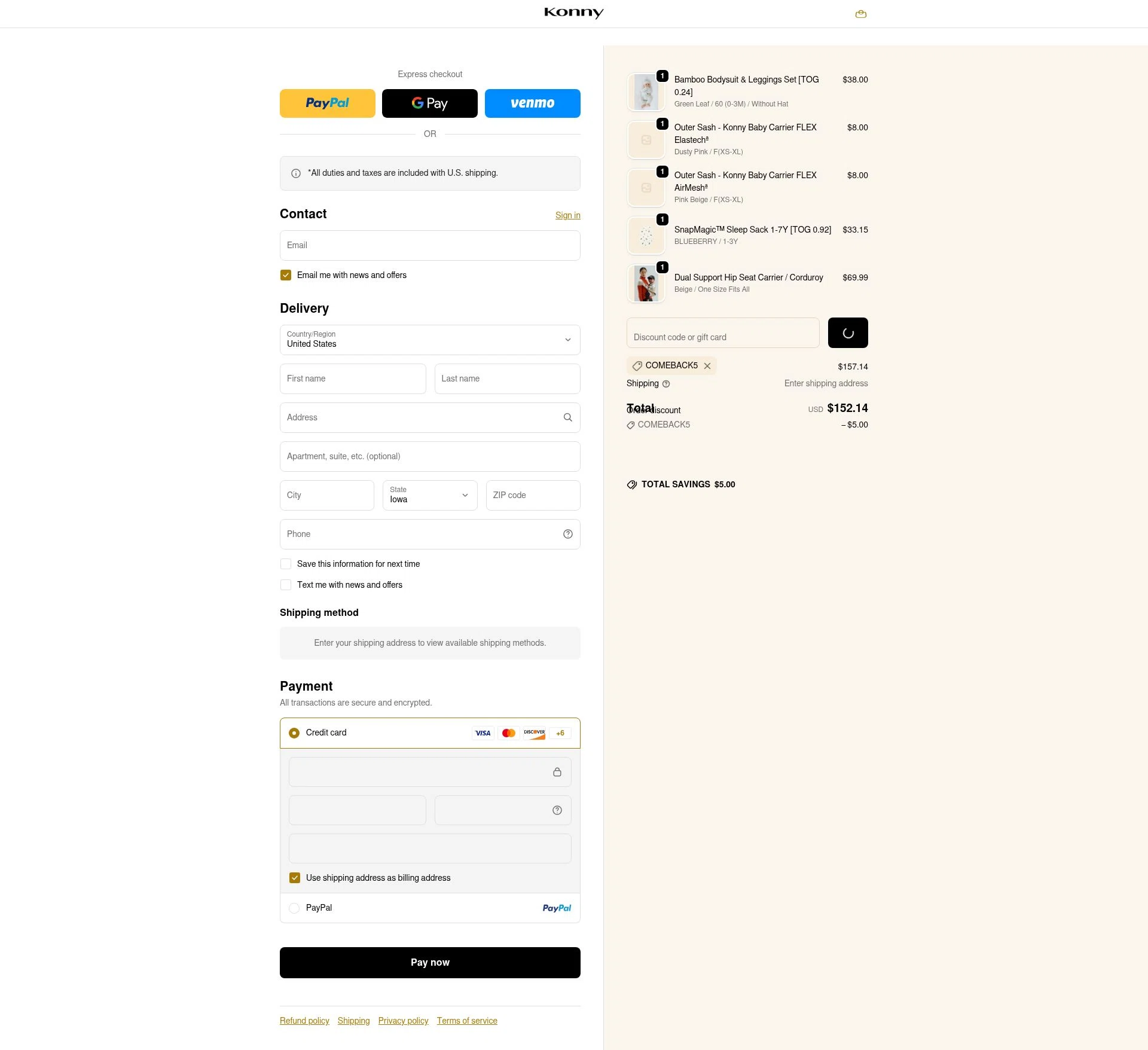 Konny Baby checkout page showing Konny Baby discount code box | Screenshot taken by SimplyCodes community member on Feb 3, 2026