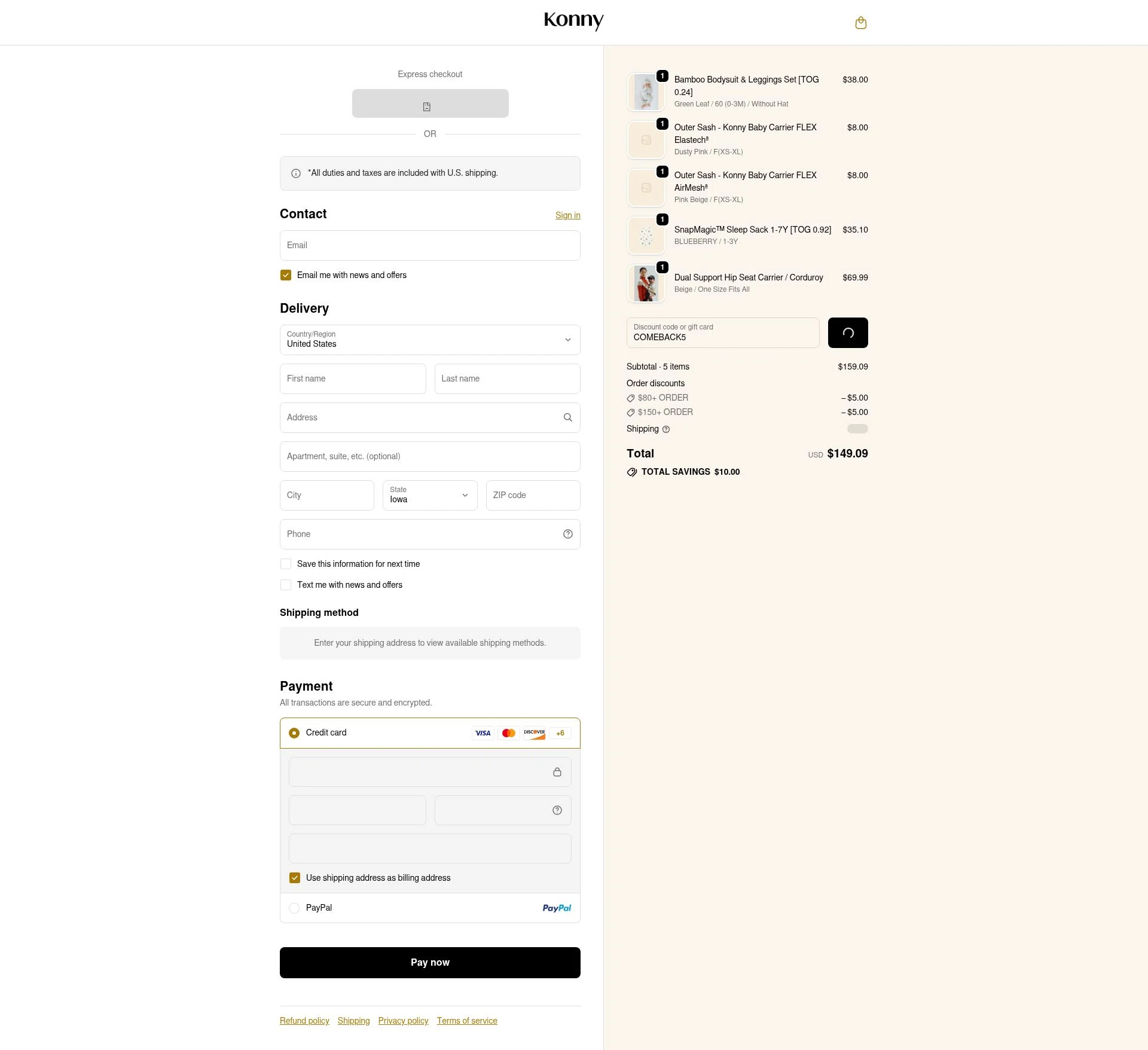 Konny Baby checkout page showing Konny Baby discount code box | Screenshot taken by SimplyCodes community member on Feb 7, 2026