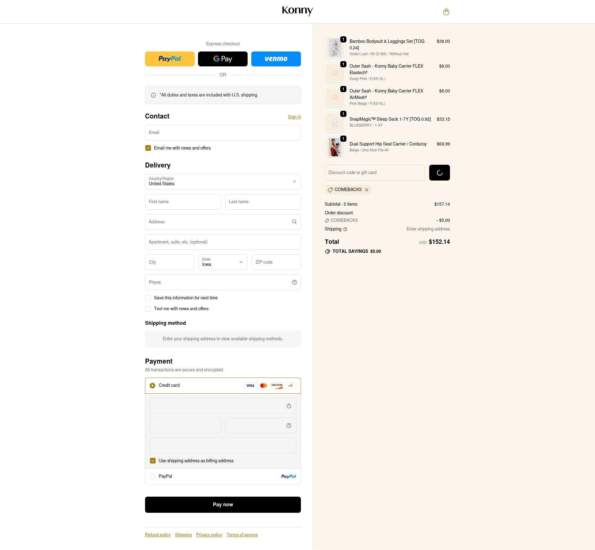 Konny Baby checkout page showing Konny Baby discount code box | Screenshot taken by SimplyCodes community member on Jan 25, 2026