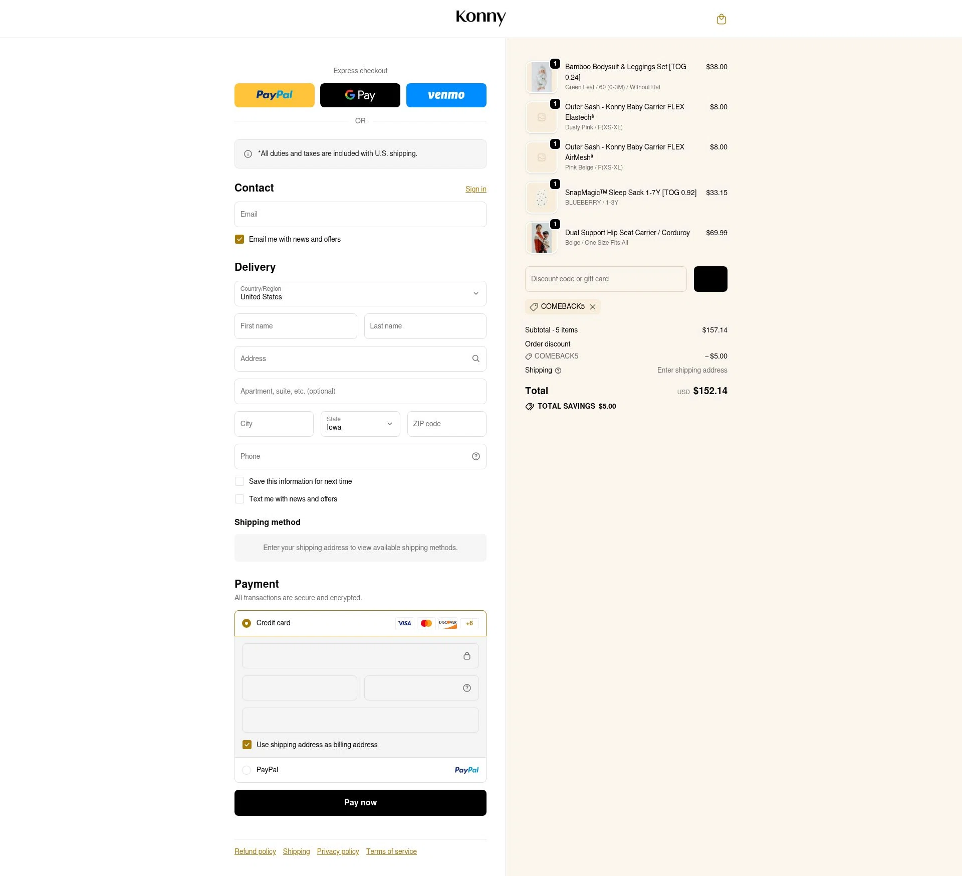Konny Baby checkout page showing Konny Baby discount code box | Screenshot taken by SimplyCodes community member on Jan 20, 2026