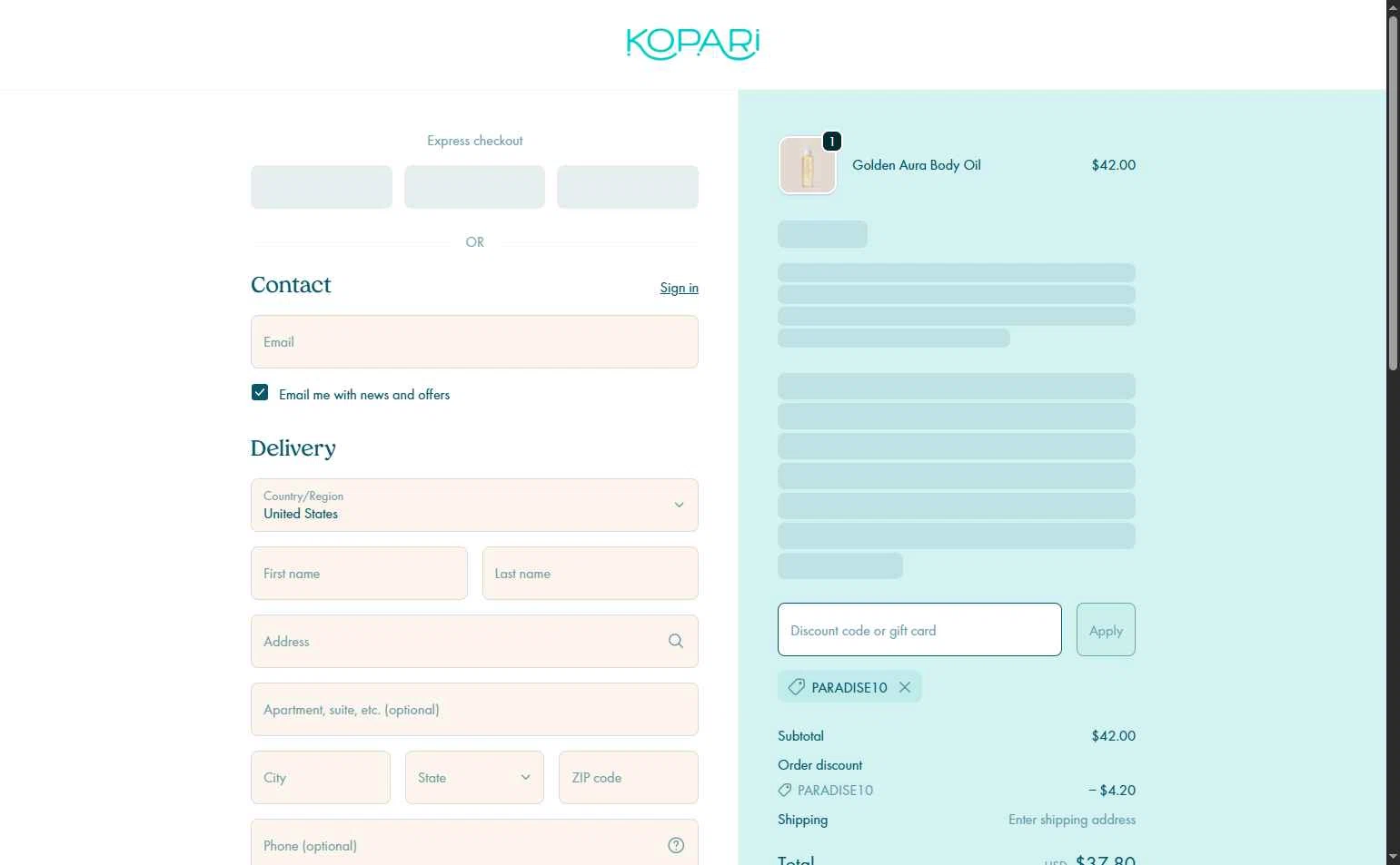 Kopari Beauty checkout page showing Kopari Beauty discount code box | Screenshot taken by SimplyCodes community member on Feb 6, 2026