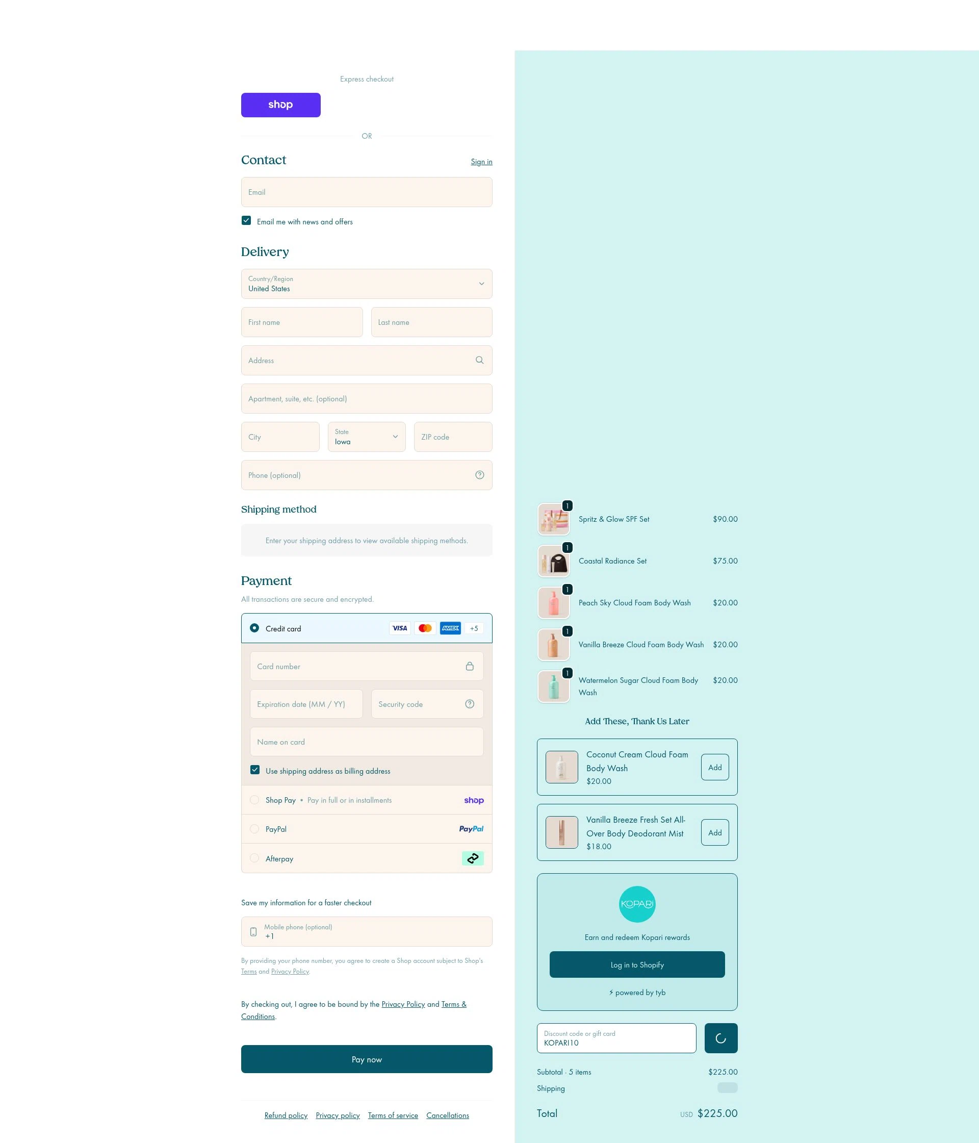 Kopari Beauty checkout page showing Kopari Beauty discount code box | Screenshot taken by SimplyCodes community member on Feb 10, 2026