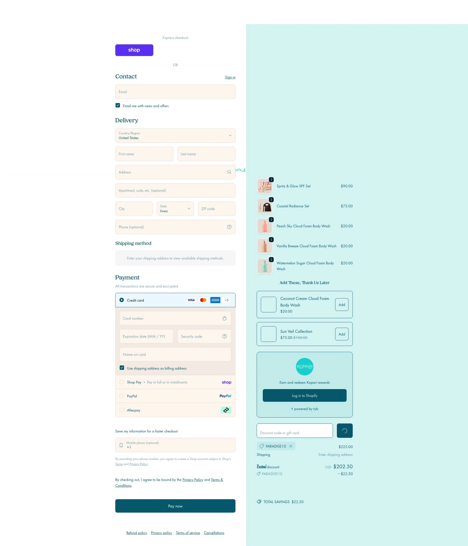 Kopari Beauty checkout page showing Kopari Beauty discount code box | Screenshot taken by SimplyCodes community member on Feb 14, 2026