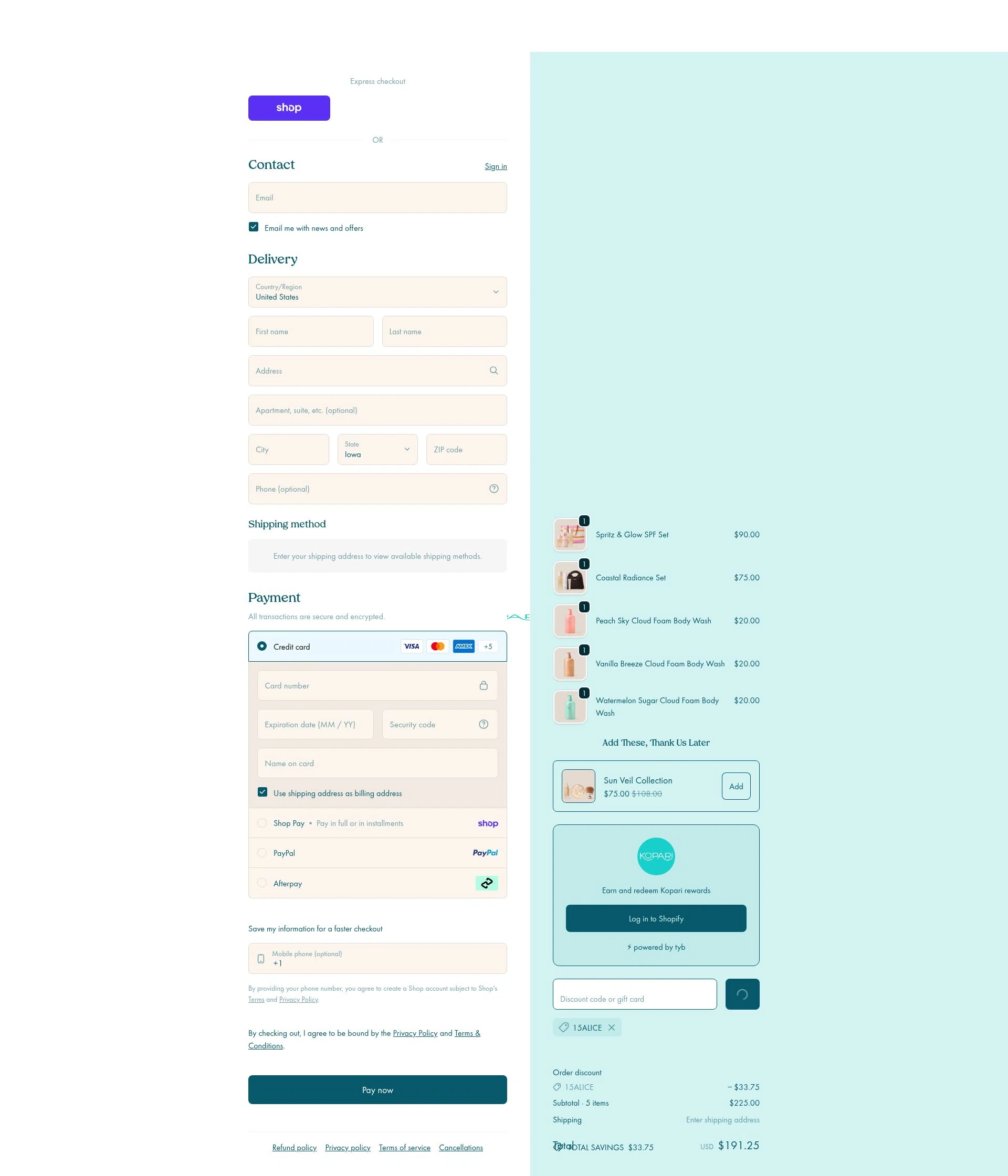 Kopari Beauty checkout page showing Kopari Beauty discount code box | Screenshot taken by SimplyCodes community member on Feb 14, 2026