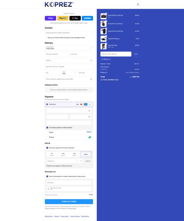 Koprez checkout page showing Koprez discount code box | Screenshot taken by SimplyCodes community member on Sep 12, 2025