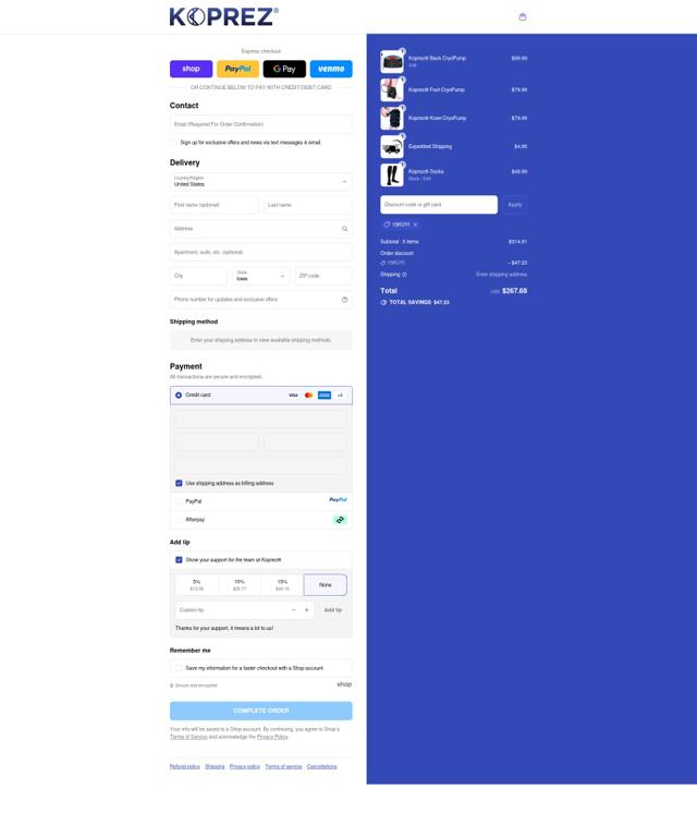 Koprez checkout page showing Koprez discount code box | Screenshot taken by SimplyCodes community member on Sep 12, 2025