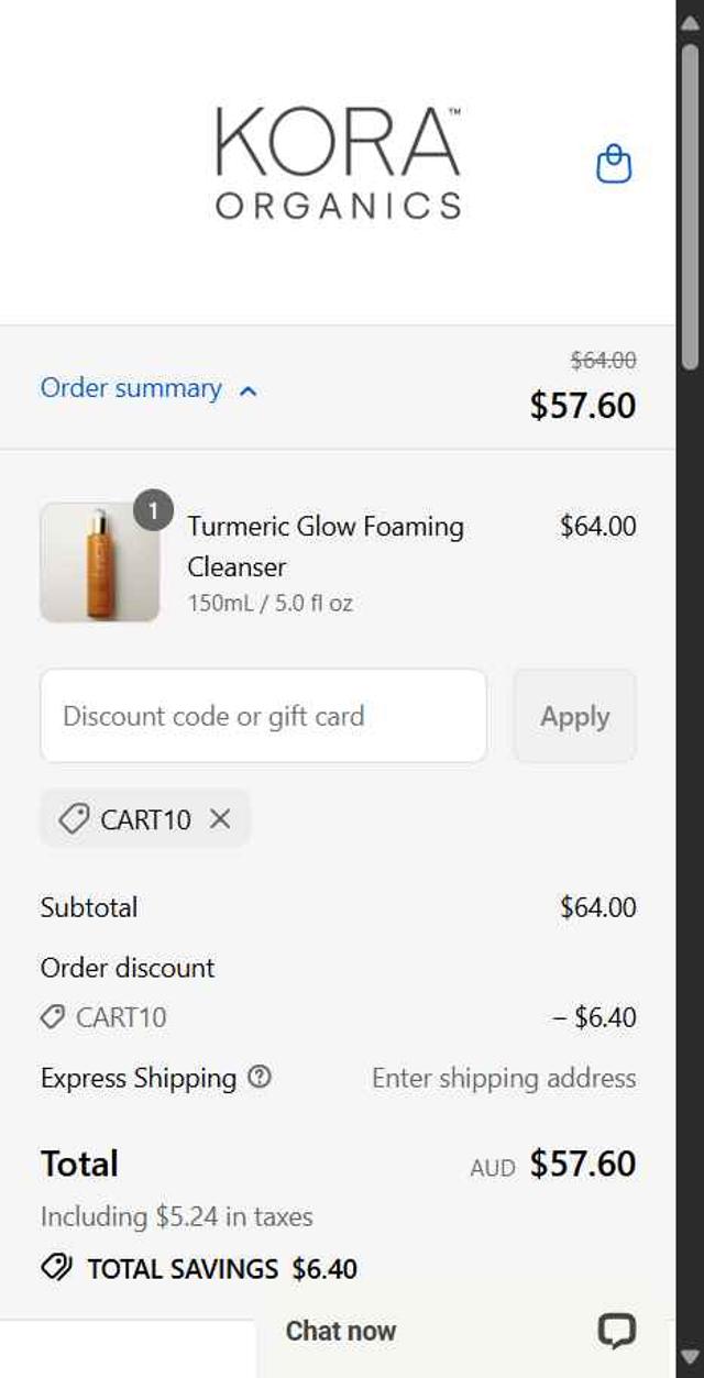 KORA Organics checkout page showing KORA Organics discount code box | Screenshot taken by SimplyCodes community member on Sep 8, 2025