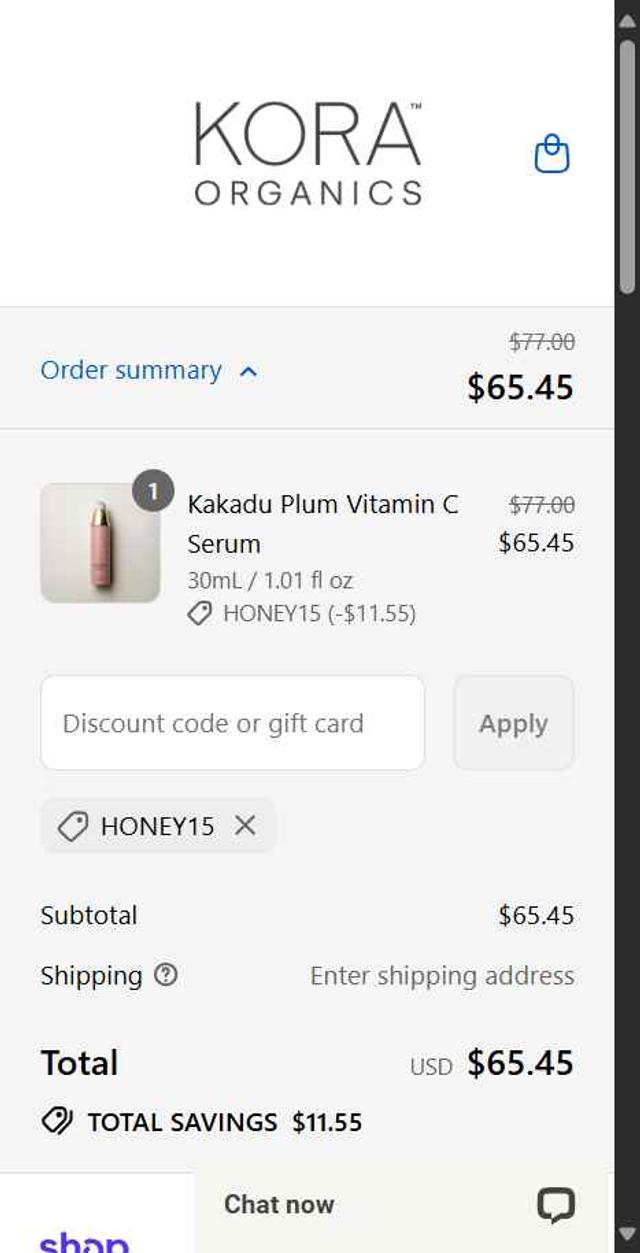 KORA Organics checkout page showing KORA Organics discount code box | Screenshot taken by SimplyCodes community member on Sep 8, 2025