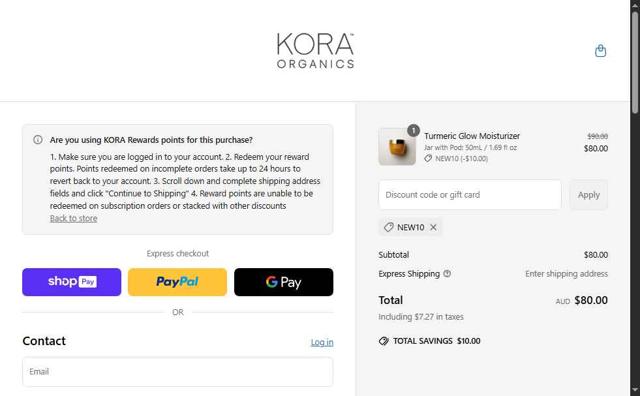 KORA Organics checkout page showing KORA Organics discount code box | Screenshot taken by SimplyCodes community member on Jun 21, 2025
