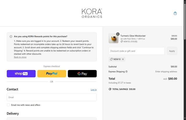 KORA Organics checkout page showing KORA Organics discount code box | Screenshot taken by SimplyCodes community member on Jun 21, 2025