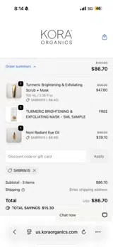 SABRIN15 coupon verification screenshot
