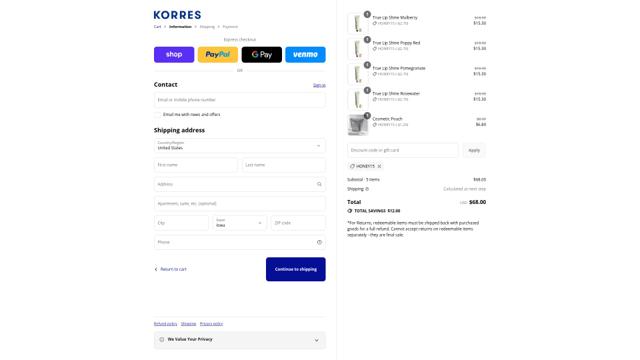 Korres checkout page showing Korres coupon code box | Screenshot taken by SimplyCodes community member on Sep 12, 2025