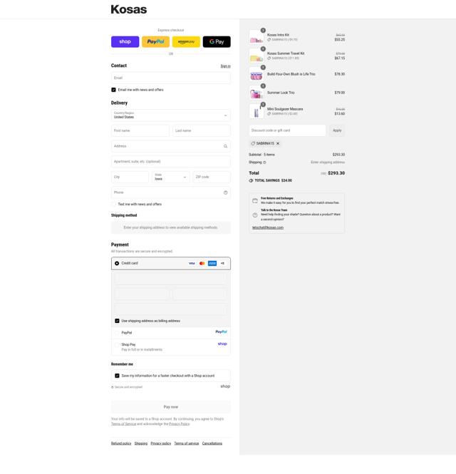 Kosas Cosmetics checkout page showing Kosas Cosmetics promo code box | Screenshot taken by SimplyCodes community member on Sep 11, 2025