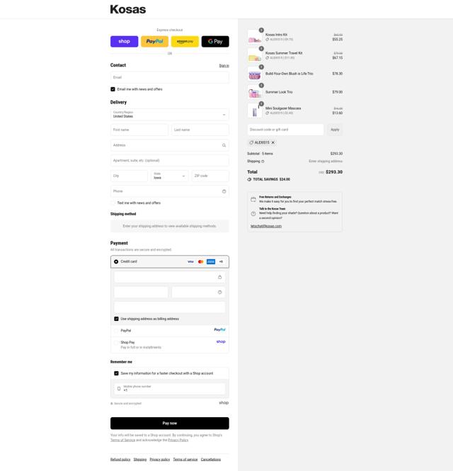 Kosas Cosmetics checkout page showing Kosas Cosmetics promo code box | Screenshot taken by SimplyCodes community member on Sep 11, 2025