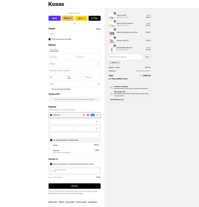 Kosas Cosmetics checkout page showing Kosas Cosmetics promo code box | Screenshot taken by SimplyCodes community member on Sep 11, 2025