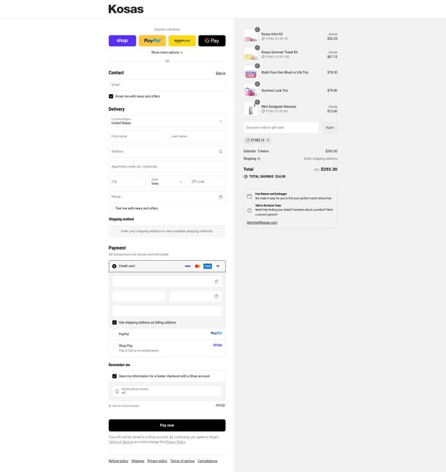 Kosas Cosmetics checkout page showing Kosas Cosmetics promo code box | Screenshot taken by SimplyCodes community member on Sep 11, 2025