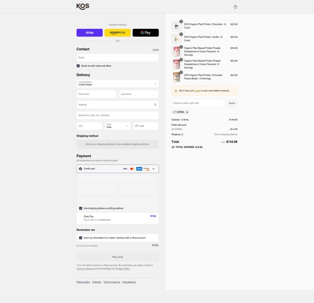 KOS.com checkout page showing KOS.com discount code box | Screenshot taken by SimplyCodes community member on Sep 8, 2025