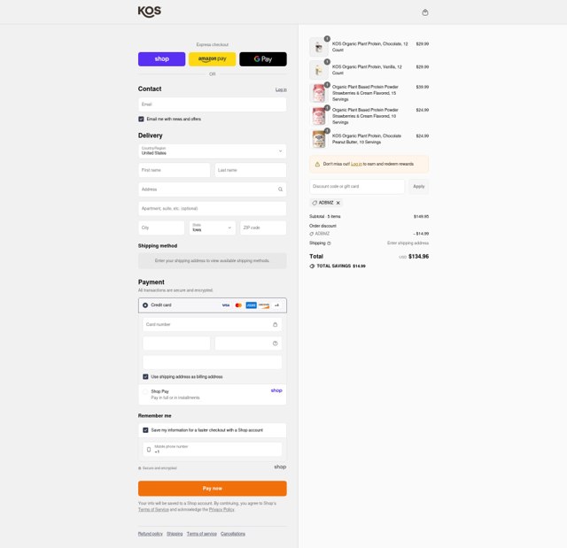 KOS.com checkout page showing KOS.com discount code box | Screenshot taken by SimplyCodes community member on Sep 8, 2025
