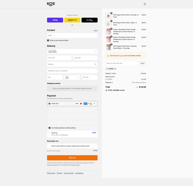 KOS.com checkout page showing KOS.com discount code box | Screenshot taken by SimplyCodes community member on Sep 8, 2025