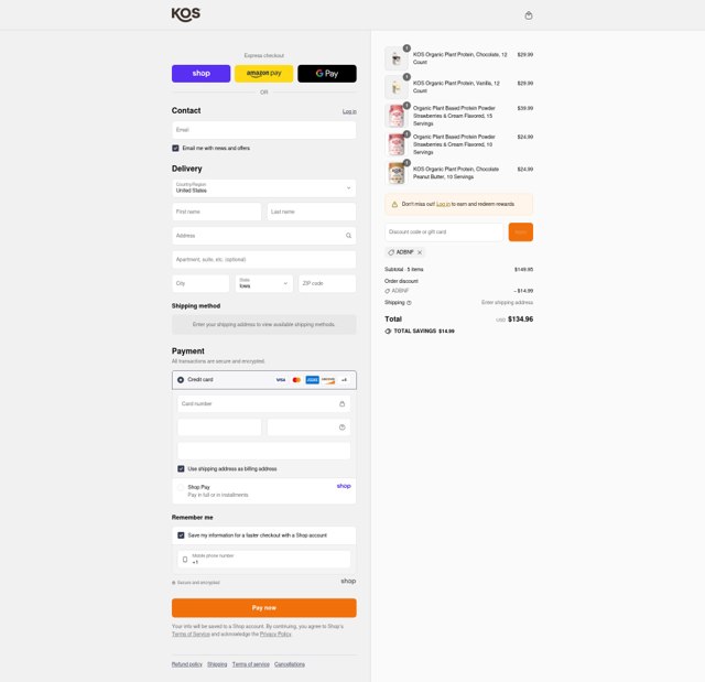 KOS.com checkout page showing KOS.com discount code box | Screenshot taken by SimplyCodes community member on Sep 8, 2025