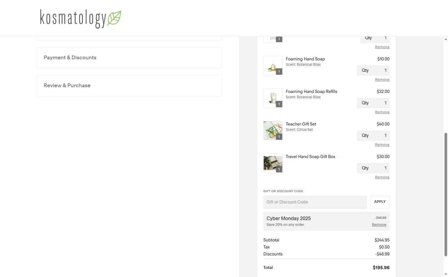 Kosmatology checkout page showing Kosmatology coupon code box | Screenshot taken by SimplyCodes community member on Dec 1, 2025