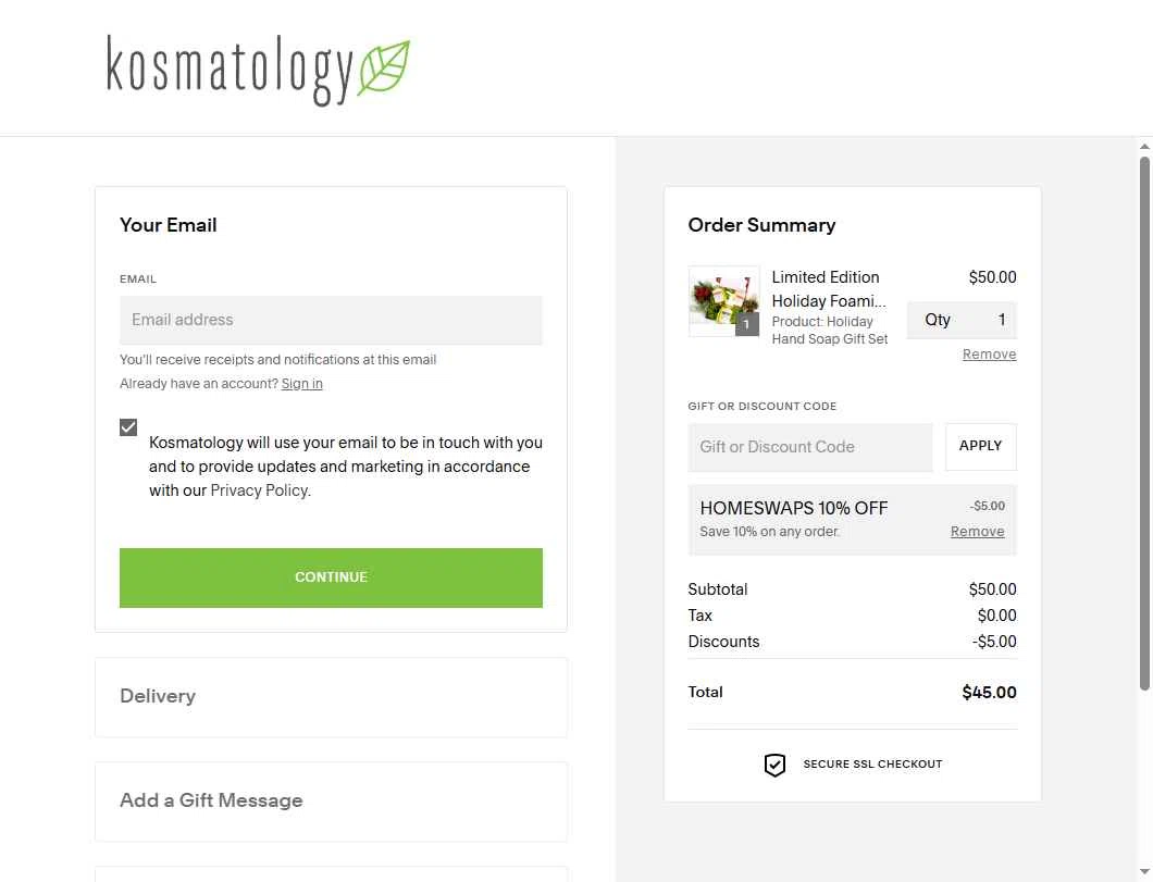 Kosmatology checkout page showing Kosmatology coupon code box | Screenshot taken by SimplyCodes community member on Dec 13, 2025