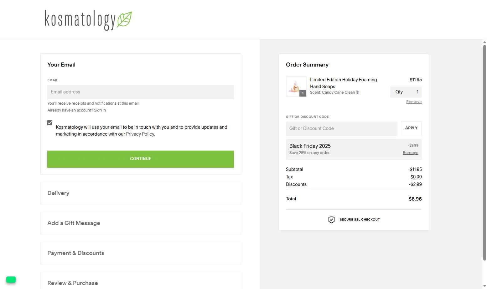 Kosmatology checkout page showing Kosmatology coupon code box | Screenshot taken by SimplyCodes community member on Nov 25, 2025
