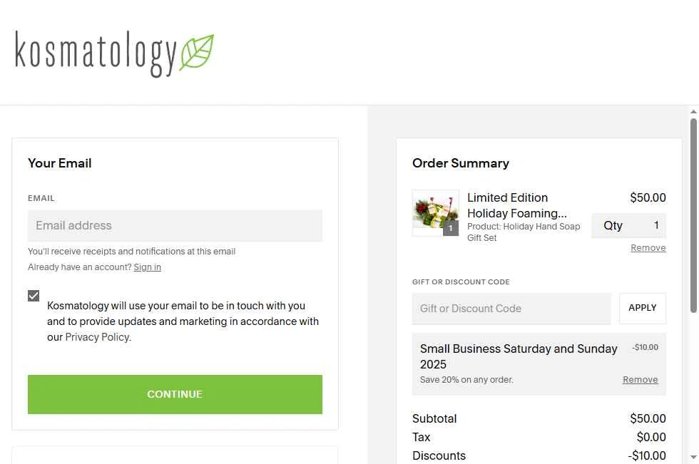 Kosmatology checkout page showing Kosmatology coupon code box | Screenshot taken by SimplyCodes community member on Nov 29, 2025