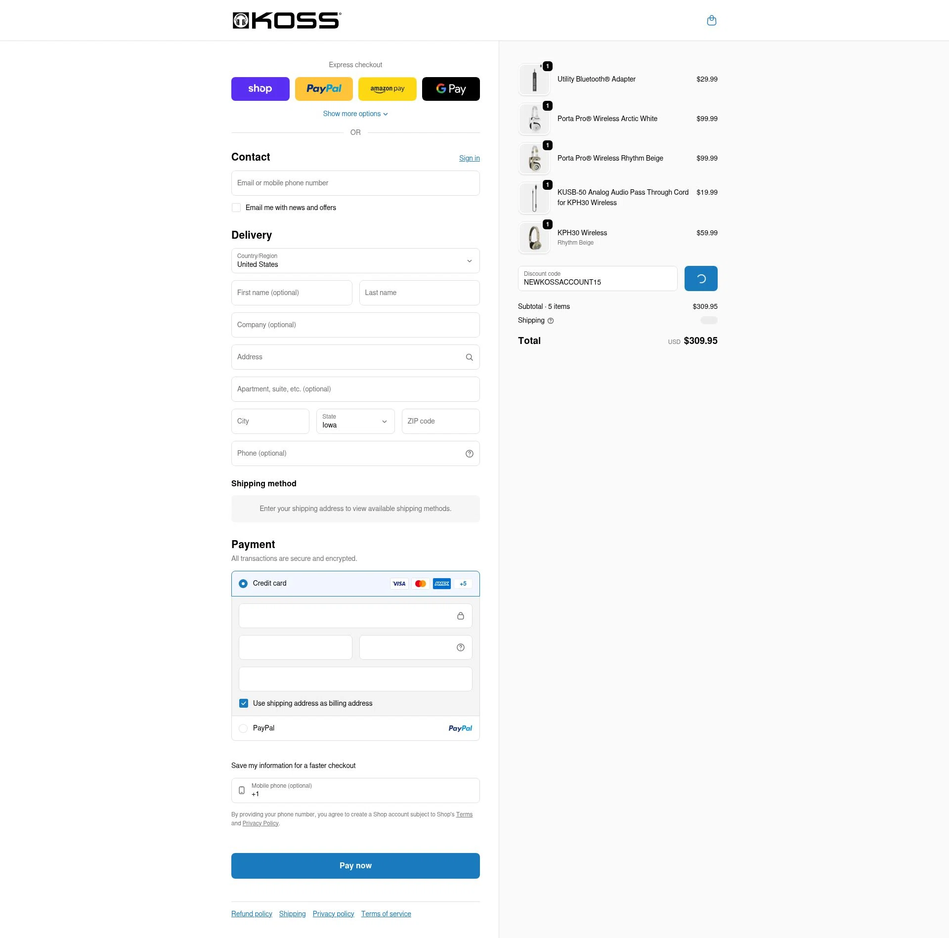 KOSS checkout page showing KOSS promo code box | Screenshot taken by SimplyCodes community member on Feb 10, 2026