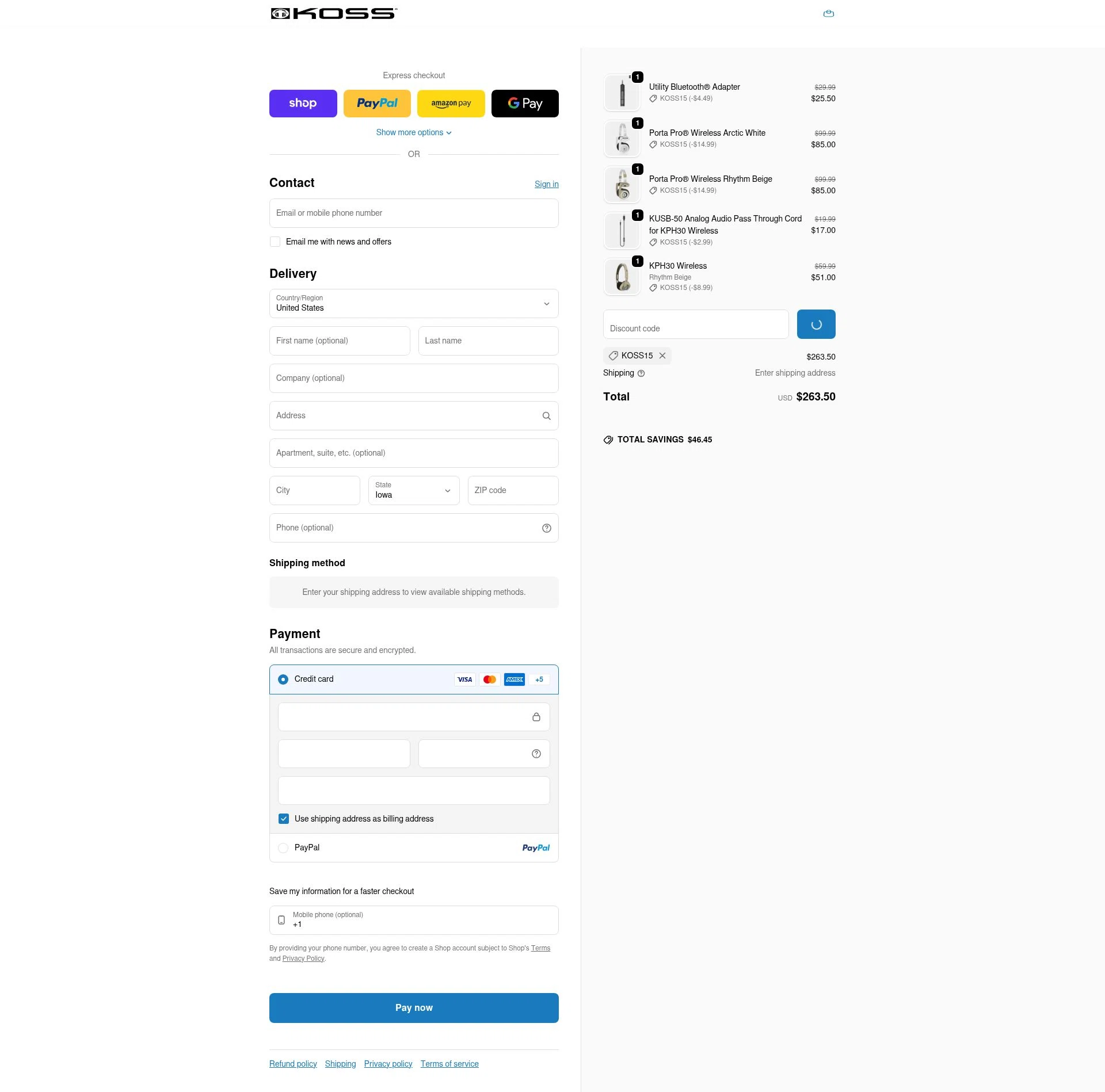 KOSS checkout page showing KOSS promo code box | Screenshot taken by SimplyCodes community member on Feb 5, 2026