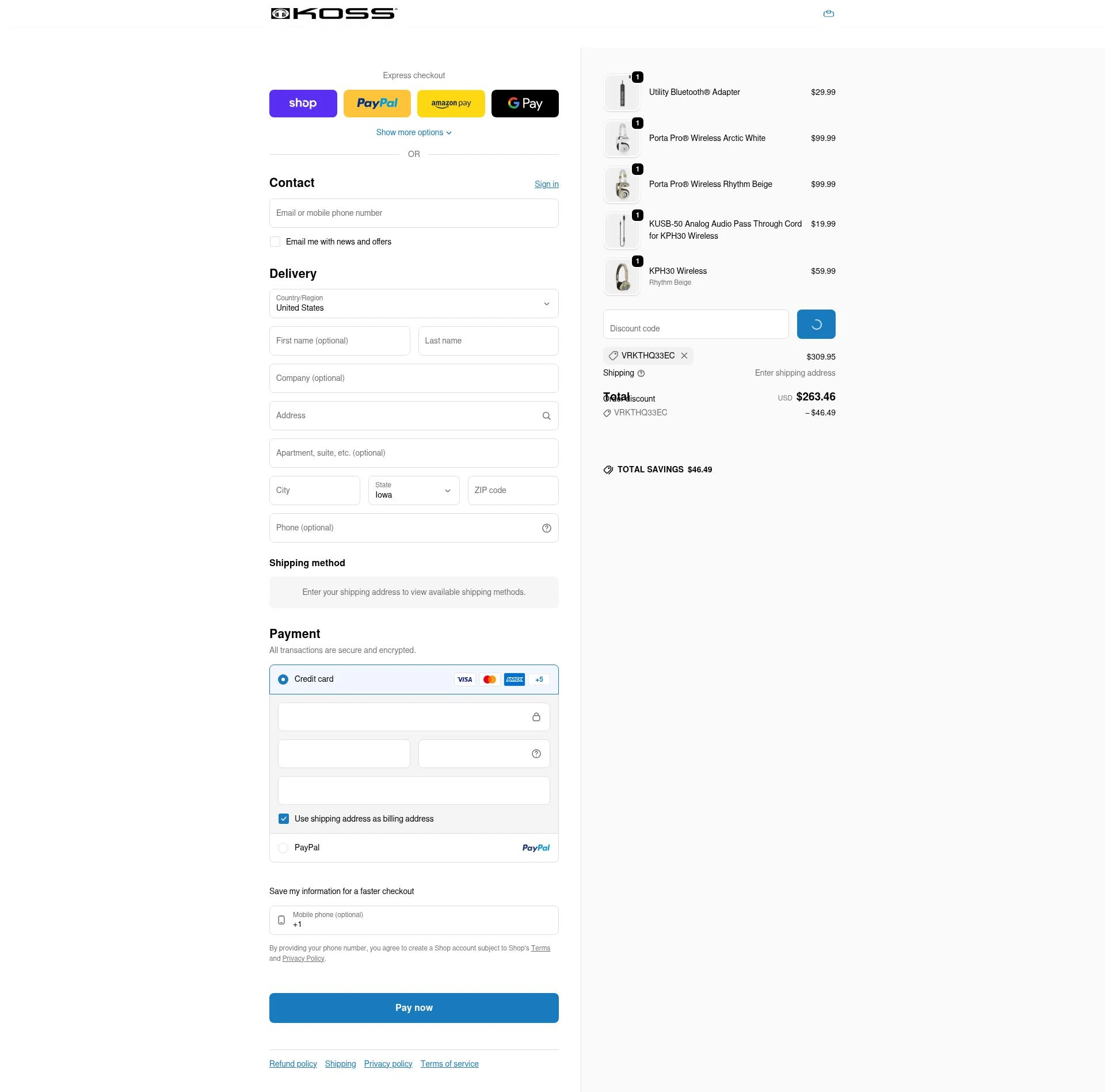 KOSS checkout page showing KOSS promo code box | Screenshot taken by SimplyCodes community member on Feb 5, 2026