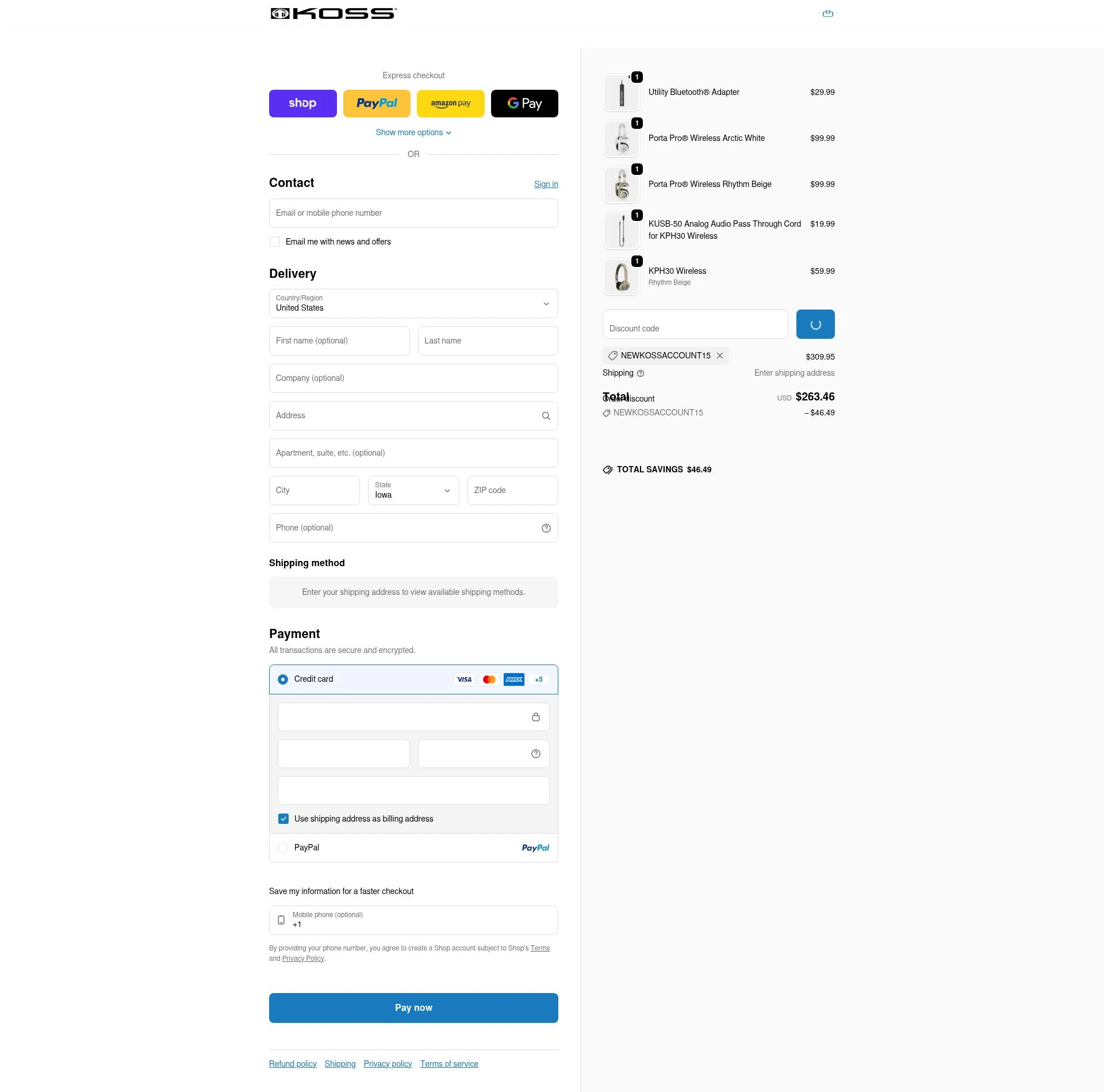 KOSS checkout page showing KOSS promo code box | Screenshot taken by SimplyCodes community member on Feb 5, 2026