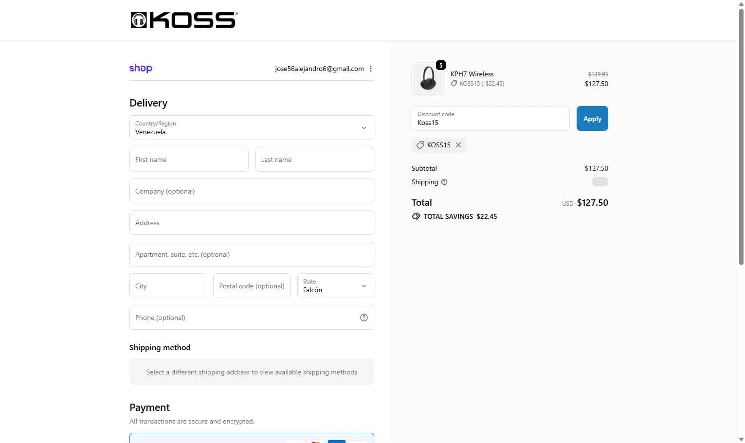 KOSS checkout page showing KOSS promo code box | Screenshot taken by SimplyCodes community member on Feb 5, 2026