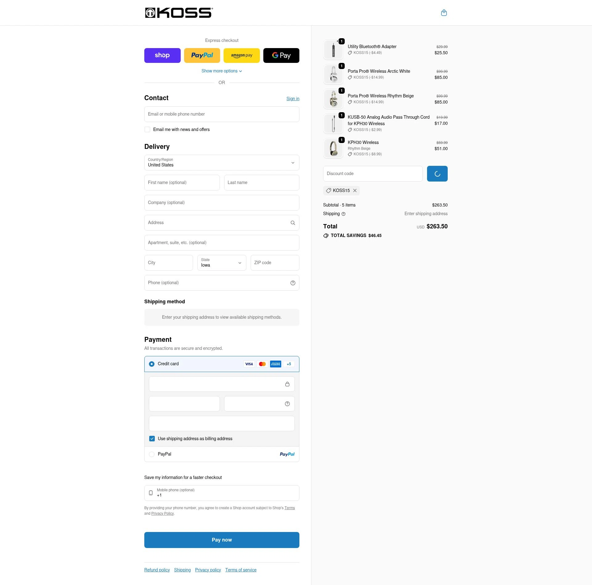KOSS checkout page showing KOSS promo code box | Screenshot taken by SimplyCodes community member on Feb 10, 2026