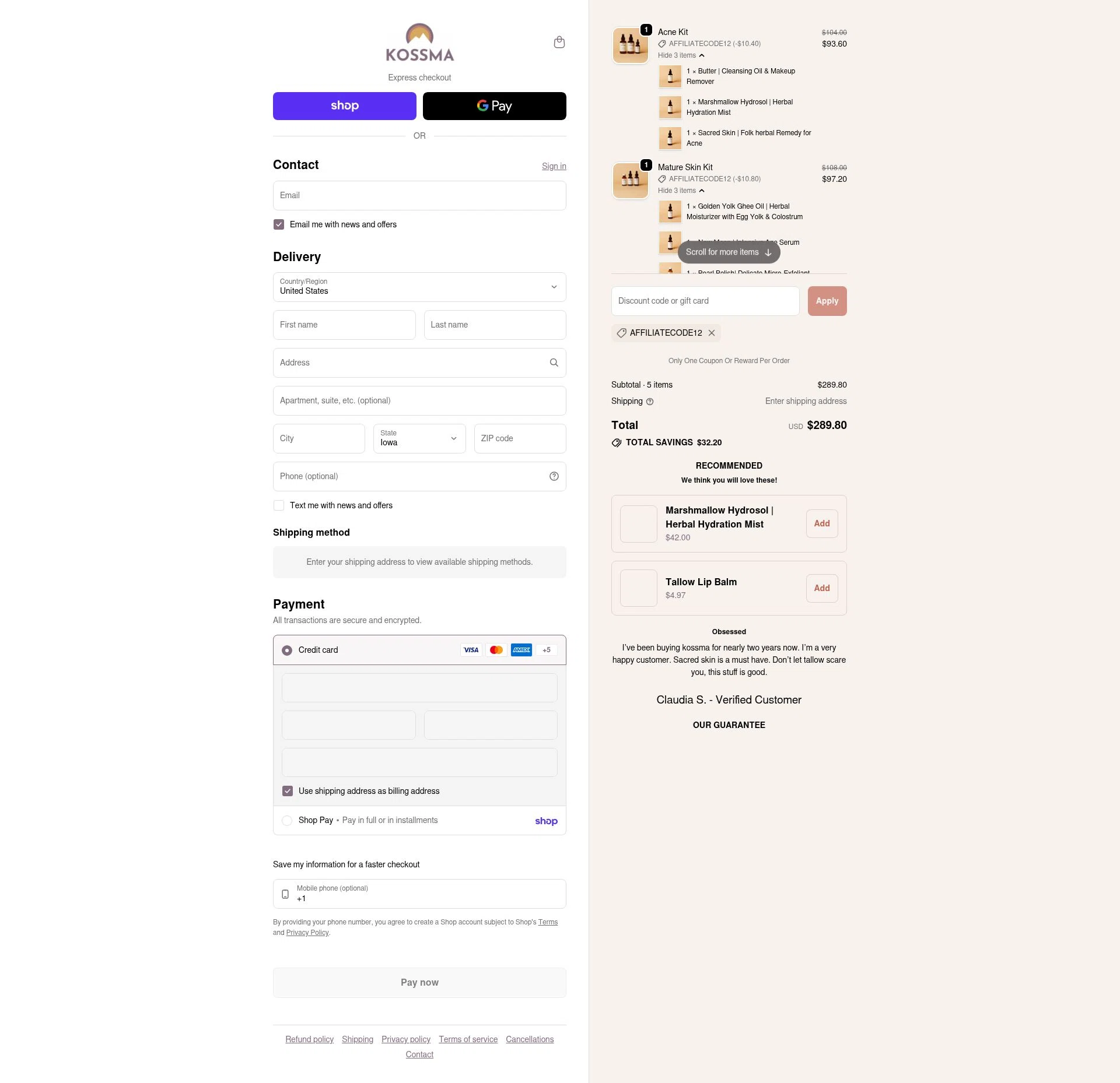 Kossma checkout page showing Kossma discount code box | Screenshot taken by SimplyCodes community member on Feb 12, 2026