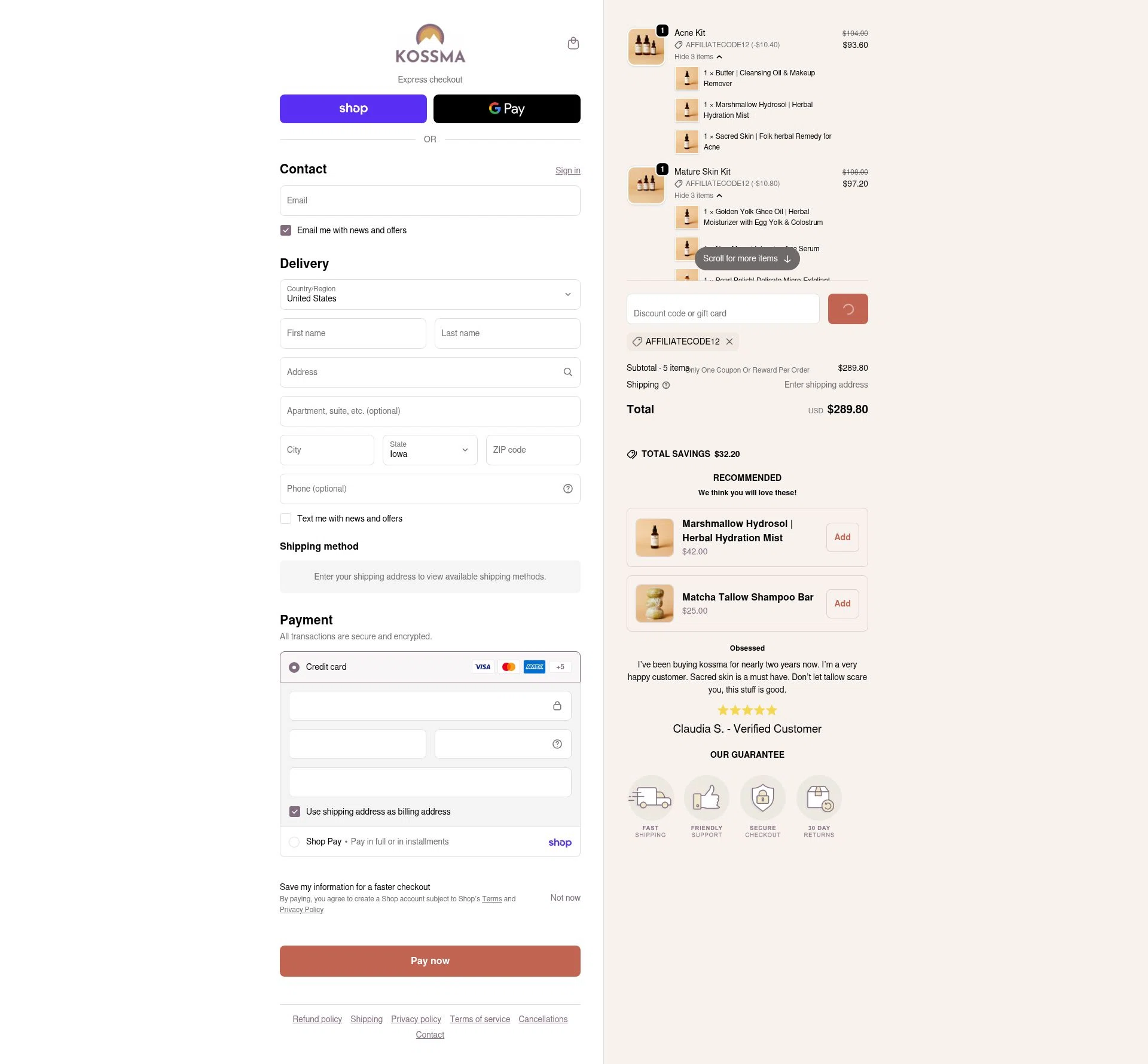 Kossma checkout page showing Kossma discount code box | Screenshot taken by SimplyCodes community member on Feb 16, 2026