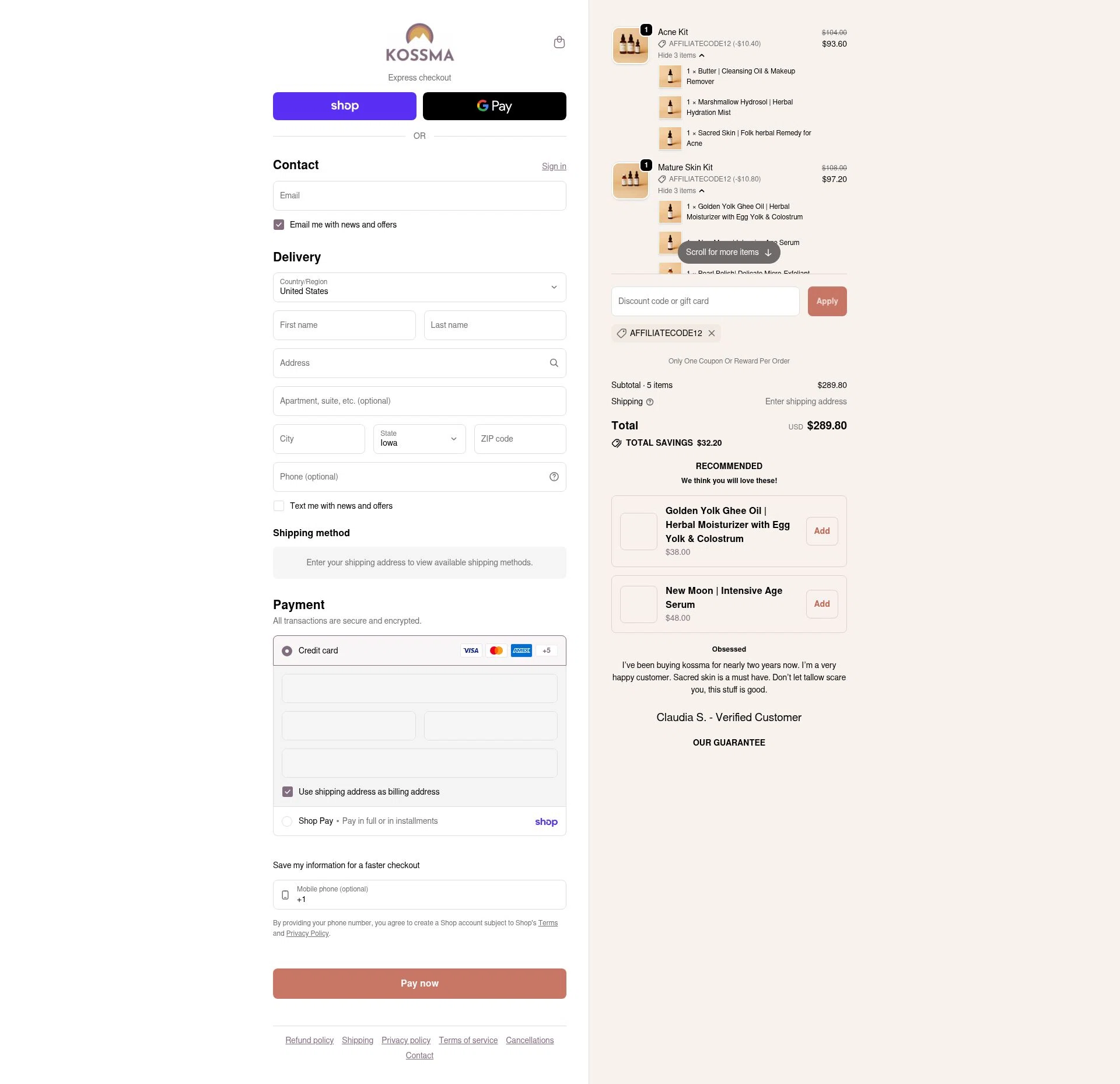 Kossma checkout page showing Kossma discount code box | Screenshot taken by SimplyCodes community member on Feb 4, 2026