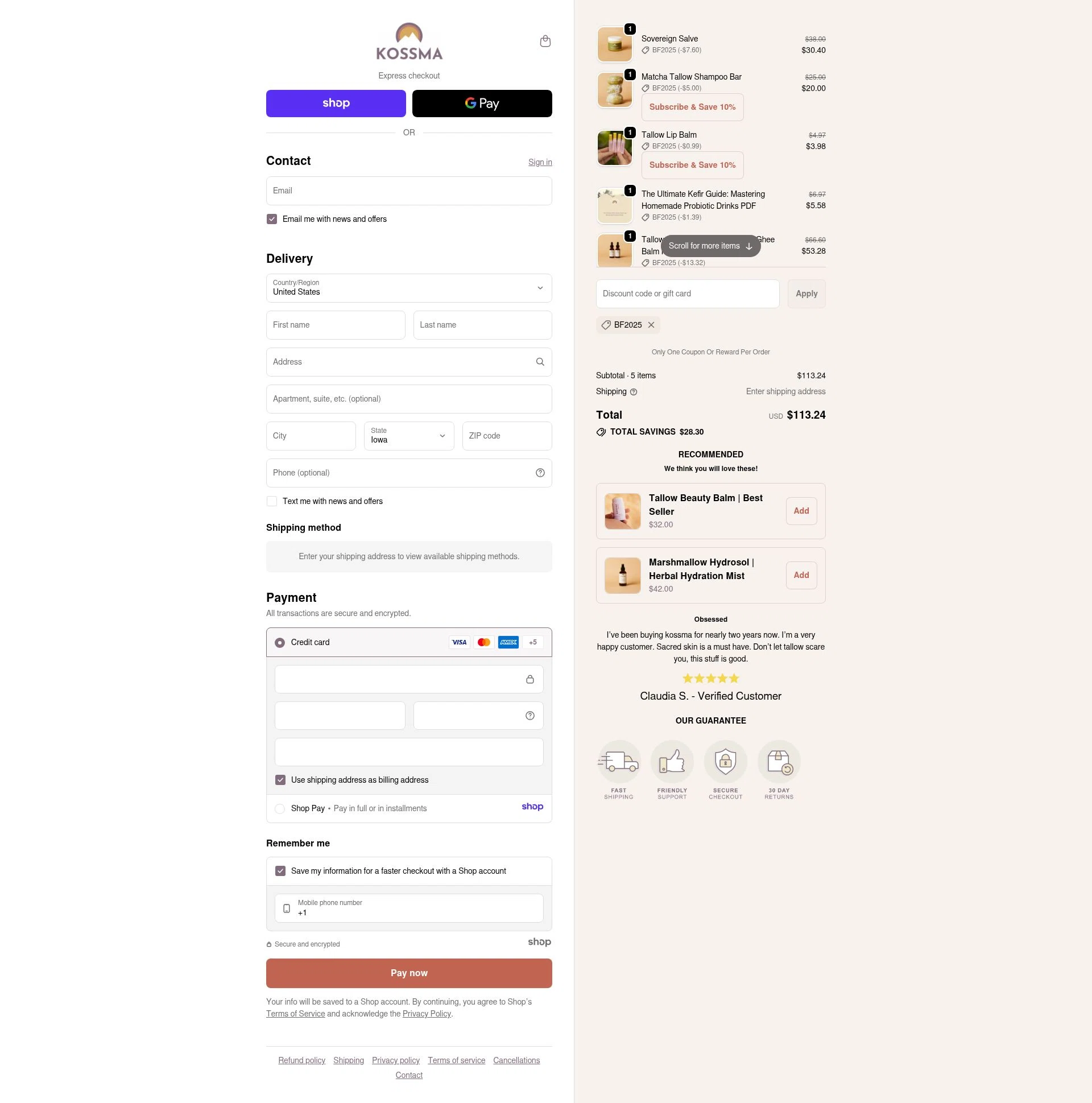 Kossma checkout page showing Kossma discount code box | Screenshot taken by SimplyCodes community member on Nov 28, 2025