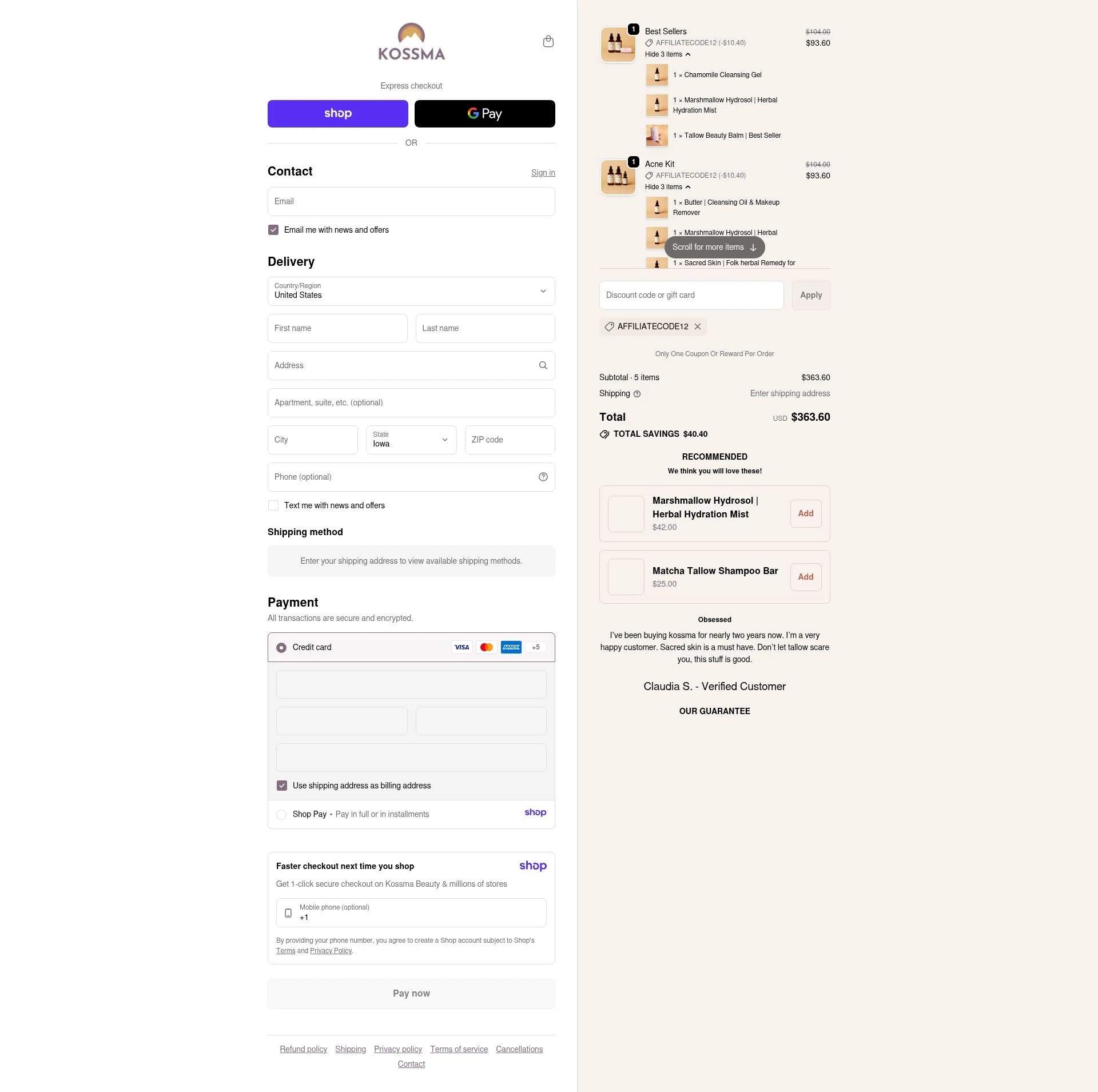 Kossma checkout page showing Kossma discount code box | Screenshot taken by SimplyCodes community member on Jan 16, 2026