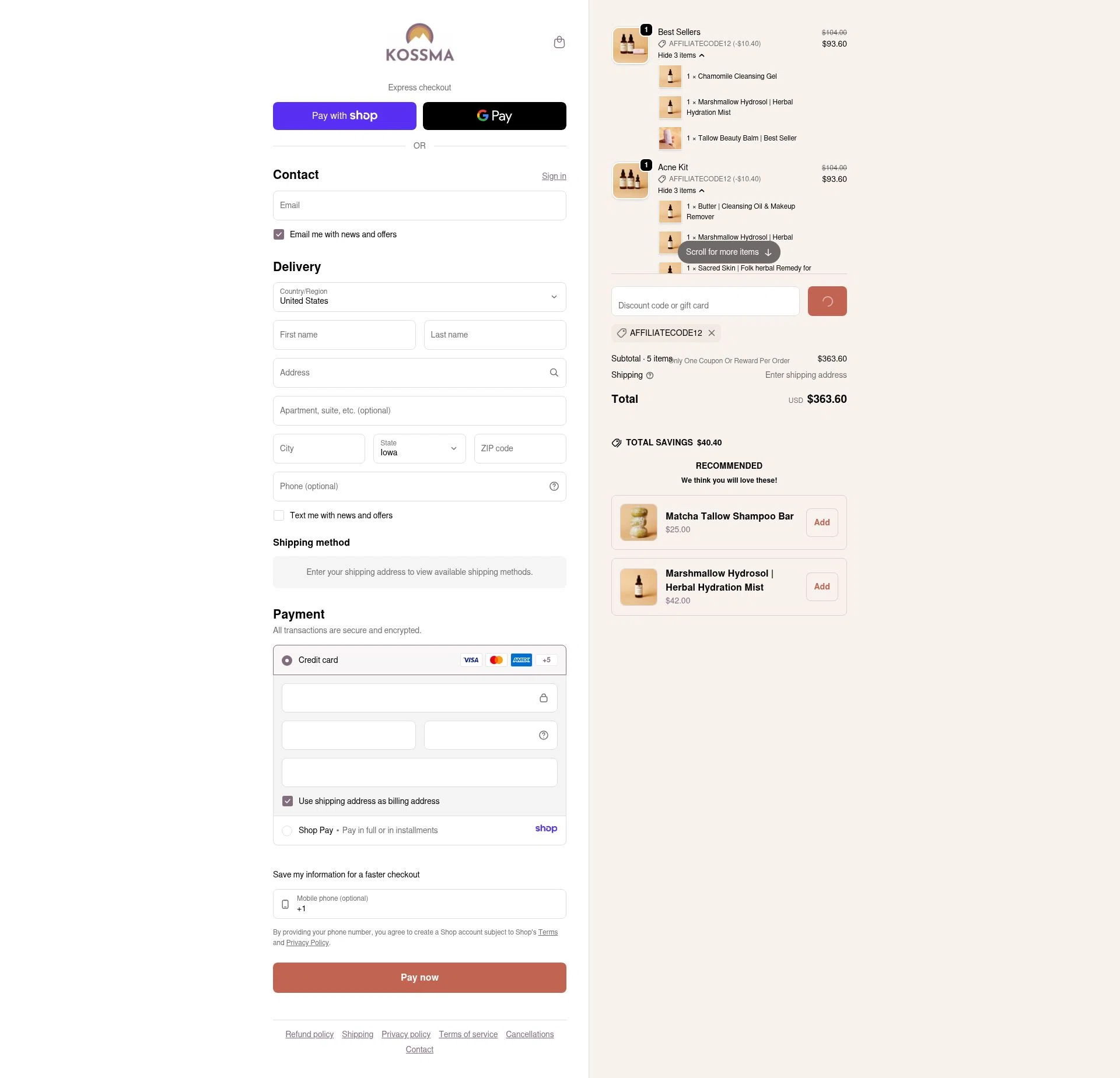 Kossma checkout page showing Kossma discount code box | Screenshot taken by SimplyCodes community member on Jan 11, 2026
