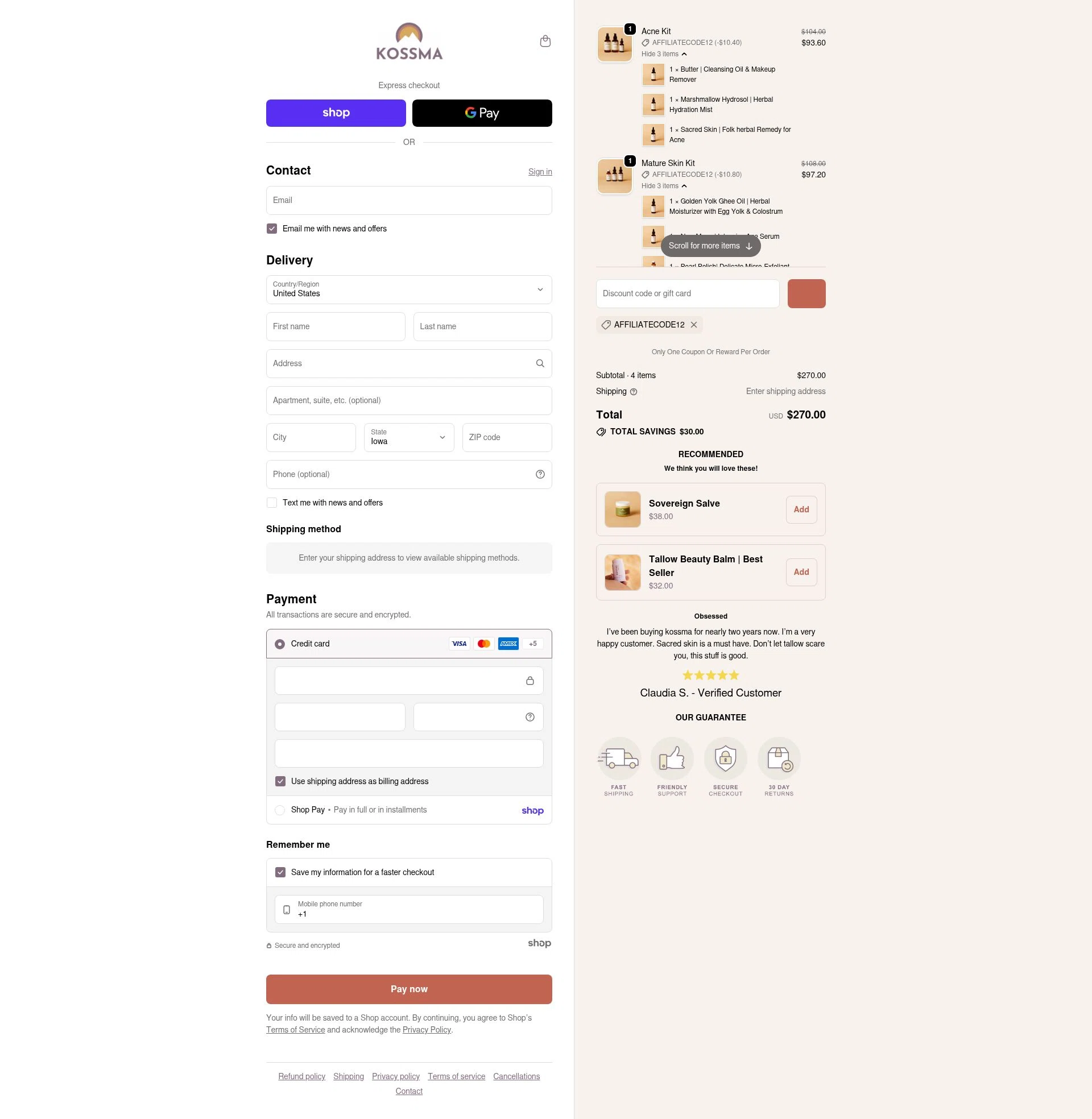 Kossma checkout page showing Kossma discount code box | Screenshot taken by SimplyCodes community member on Jan 30, 2026