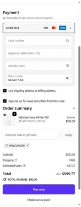 WELCOME10 coupon verification screenshot