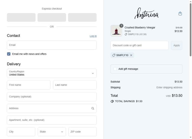 Kosterina checkout page showing Kosterina discount code box | Screenshot taken by SimplyCodes community member on Aug 15, 2025