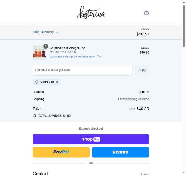 Kosterina checkout page showing Kosterina discount code box | Screenshot taken by SimplyCodes community member on Jul 22, 2025
