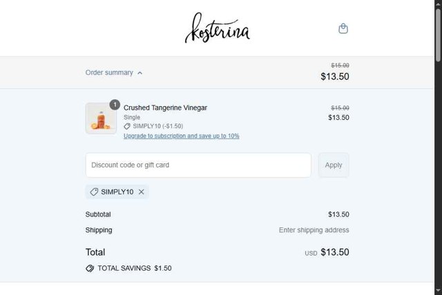 Kosterina checkout page showing Kosterina discount code box | Screenshot taken by SimplyCodes community member on Jul 22, 2025