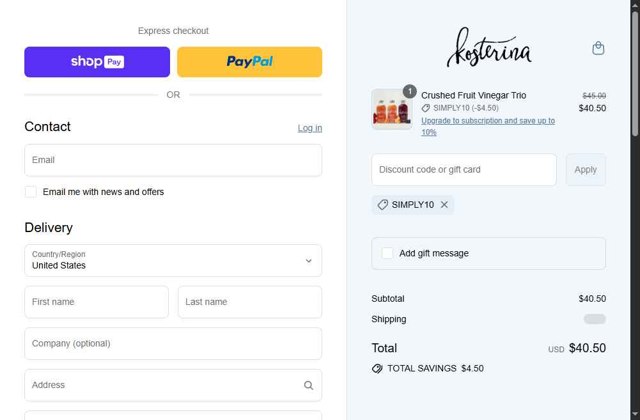 Kosterina checkout page showing Kosterina discount code box | Screenshot taken by SimplyCodes community member on Jul 22, 2025