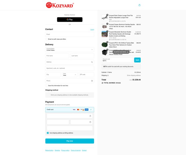 Kozyard checkout page showing Kozyard discount code box | Screenshot taken by SimplyCodes community member on Aug 17, 2025