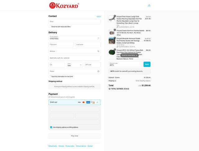 Kozyard checkout page showing Kozyard discount code box | Screenshot taken by SimplyCodes community member on Aug 1, 2025
